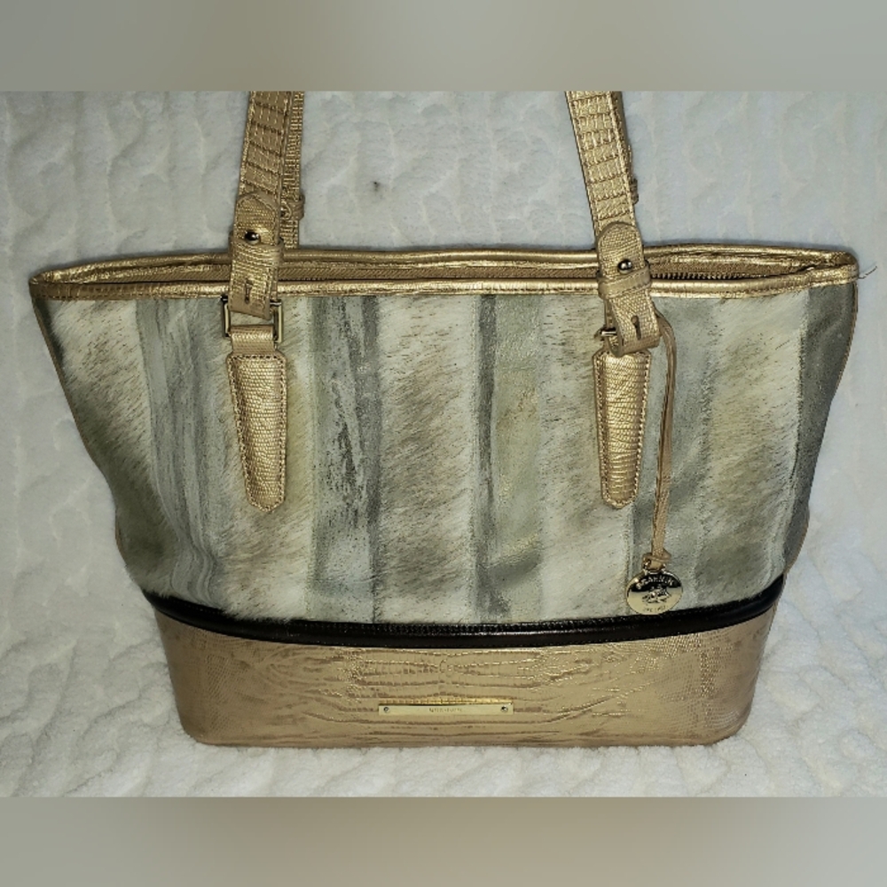 BRAHMIN Asher Tote Shoulder Bag Gold/Teal/Grey Calf Hair